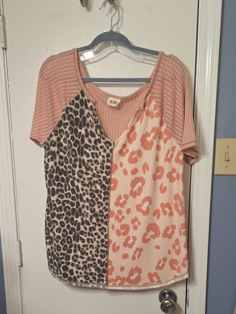BiBi Pink Patchwork Leopard Short Sleeve Top